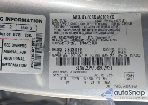 2013 Lincoln Mkz z USA, uszkodzony, nr VIN 3LN6L2J97DR802931